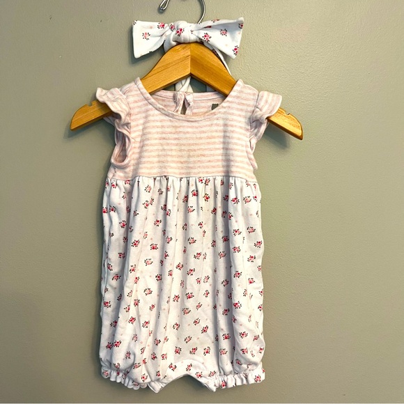 6-12M Gap pink stripe floral romper with matching headband - Picture 1 of 5